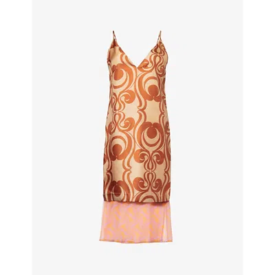 Dries Van Noten Womens Brown Sheer-panel Patterned Silk Midi Dress