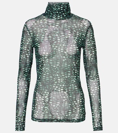 Dries Van Noten Sheer Printed Turtleneck Top In Green
