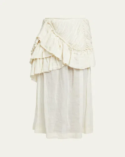 Dries Van Noten Shelby Draped Ruffle Ramie Midi Skirt In White