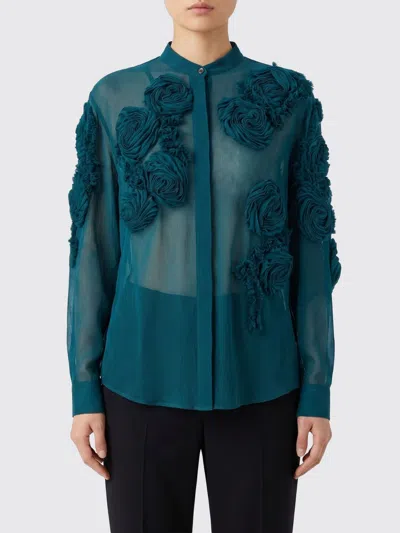 Dries Van Noten Petrol Green Shirt With Raised Rose Details