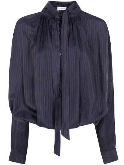 Dries Van Noten Cropped Striped Shirt Long Sleeves Tie Neck In Blue