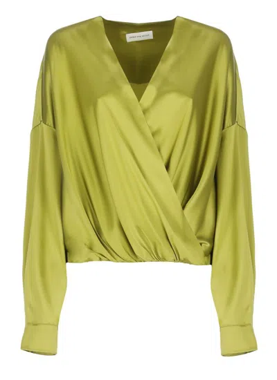 Dries Van Noten Draped Silk Dress V-neck In Green