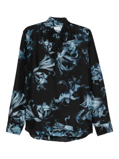 Dries Van Noten Floral Long Sleeve Casual Shirt In Black