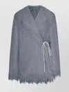 Dries Van Noten Short Coat With Fringed Hem And Tie In Blue