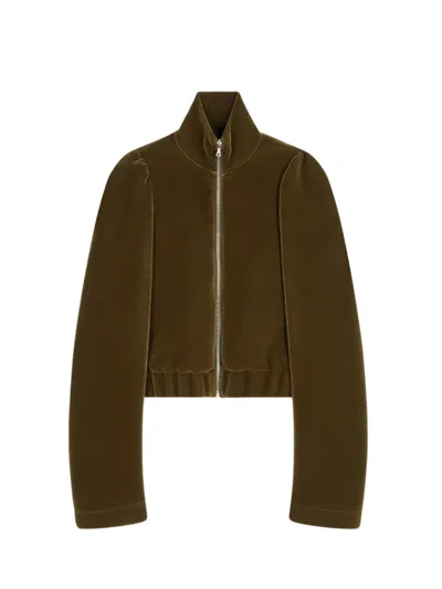 Dries Van Noten Short, Fitted Bomber Jacket With Elasticated Waist, In Neoprene Nylon With Velvet Exterior. In Green