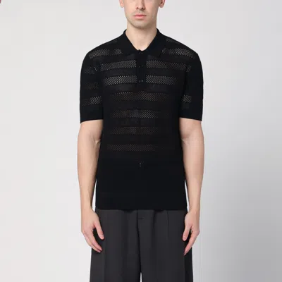 Dries Van Noten Short Sleeve Black Polo In Striped Mesh Knit In 900 Black