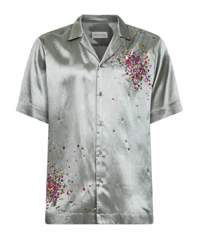Dries Van Noten Mint Green Viscose Blend Firework Sequin-embellished Bowling Shirt In Gray