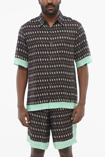 Dries Van Noten Short-sleeved Clasen Chiffon Shirt With Geometric Pattern In Brown