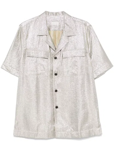 Dries Van Noten Short-sleeve Front Button Shirt With Chest Pockets And Box-pleat Detail In Gold