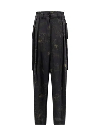 Dries Van Noten Floral Print Silk Cargo Pants In Black