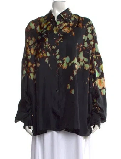 Pre-owned Dries Van Noten Silk Floral Print Blouse In Black