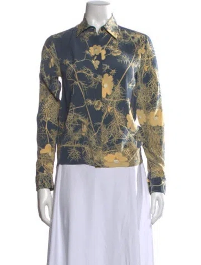 Pre-owned Dries Van Noten Silk Floral Print Blouse In Blue