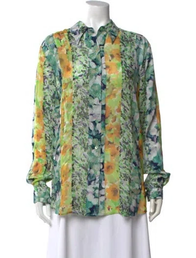Pre-owned Dries Van Noten Silk Floral Print Blouse In Green