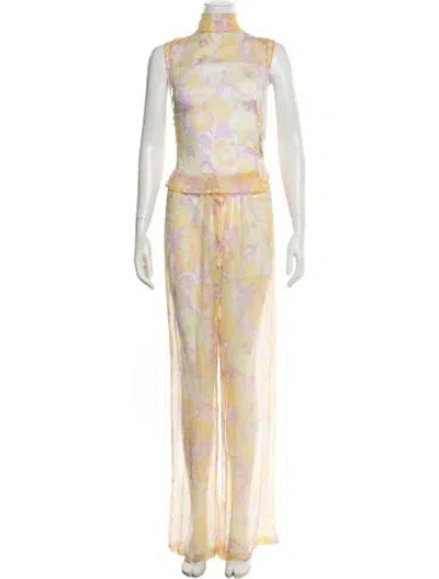 Pre-owned Dries Van Noten Silk Floral Print Pant Set In Yellow