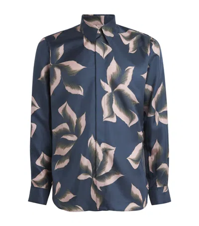 Dries Van Noten 'carvies' Floral Silk Shirt With Cuffed Long Sleeves In Blue