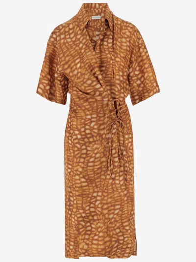 Dries Van Noten Silk Long Dress In Brown