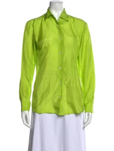 Pre-owned Dries Van Noten Silk Long Sleeve Button-up Top In Green