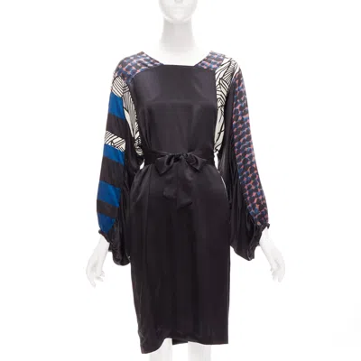 Dries Van Noten Silk Mixed Print Belted Billow Knitee Dress In Black
