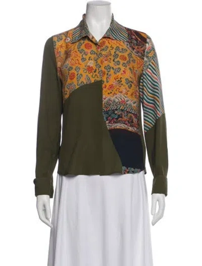 Pre-owned Dries Van Noten Silk Patterned Blouse In Green