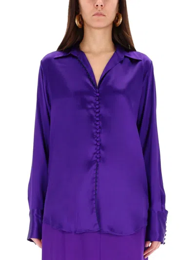 Dries Van Noten Lustrous Deep V-neck Silk Shirt In Purple