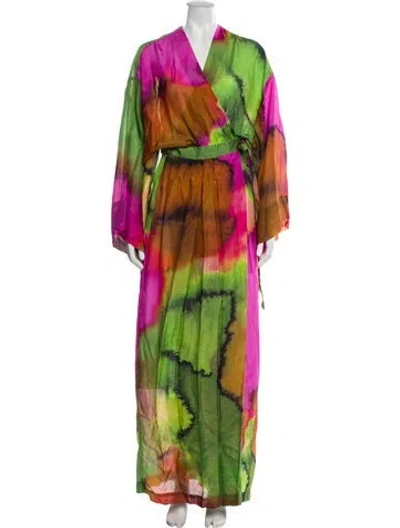 Pre-owned Dries Van Noten Silk Tie-dye Print Robe In Green
