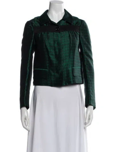 Pre-owned Dries Van Noten Silk Tweed Pattern Biker Jacket In Green