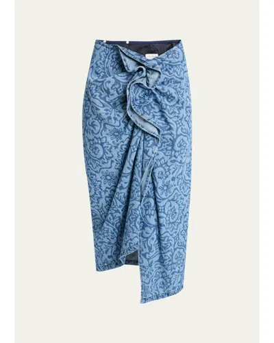 Dries Van Noten Sinas Floral Denim Ruffle Midi Skirt In Blue