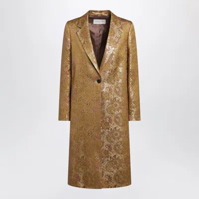 Dries Van Noten Single-breasted Mini Coat With Gold Jacquard Pattern In Brown