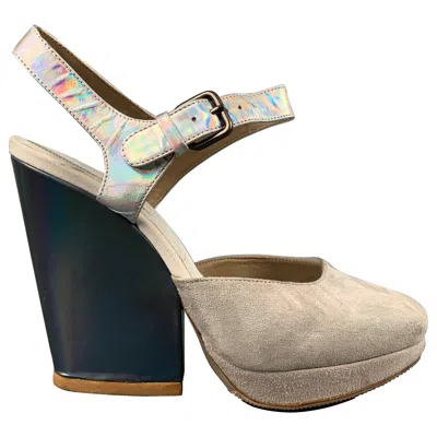 Pre-owned Dries Van Noten Size 5.5 Iridescent Grey Suede Platform Pumps In Gray