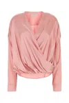 Dries Van Noten Stretch Satin Wrap Blouse With Buttoned Cuffs In Pink