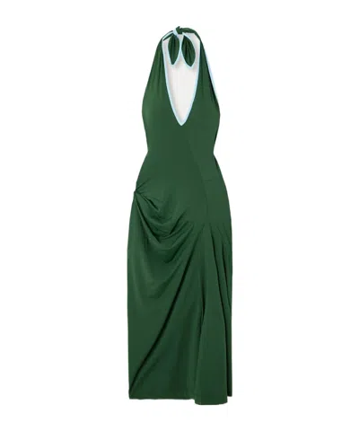 Dries Van Noten Gathered Two-tone Stretch-jersey Halterneck Midi Dress In Green