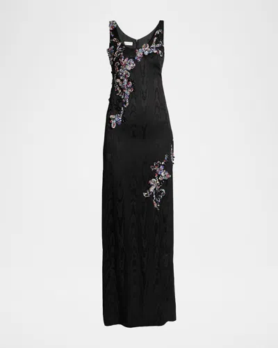 Dries Van Noten Sleeveless Embroidered Faille Column Gown In Black
