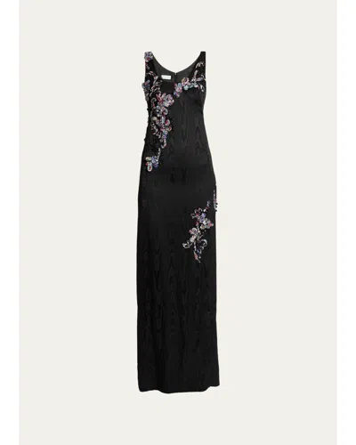 Dries Van Noten Sleeveless Embroidered Faille Column Gown In Black