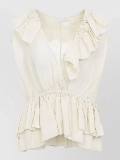 Dries Van Noten Sleeveless Top Elastic Waist Ruffled Neckline In White