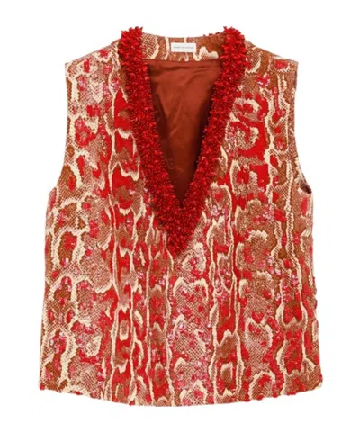 Dries Van Noten Sleeveless V-neck Animal Print Sequin Trim Top In Red