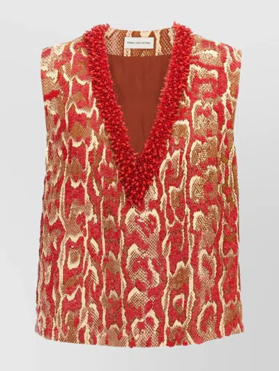 Dries Van Noten Sleeveless V-neck Animal Print Sequin Trim Top In Multi