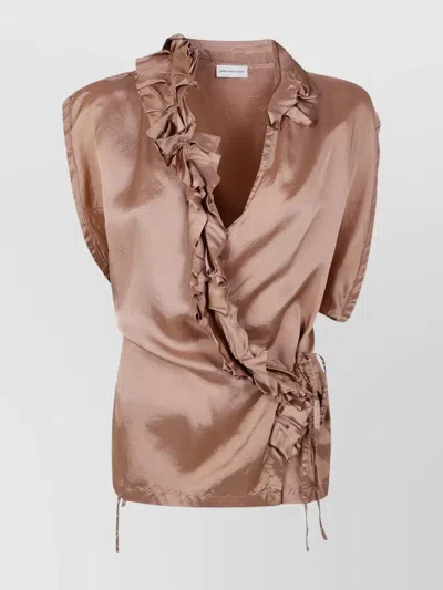 Dries Van Noten Sleeveless Wrap V-neck Top With Ruffled Detailing In Grey