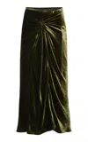 Dries Van Noten Smila Knot-detailed Silk-velvet Midi Skirt In Khaki