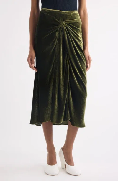 Dries Van Noten Smila Twist Front Velvet Midi Skirt In Green