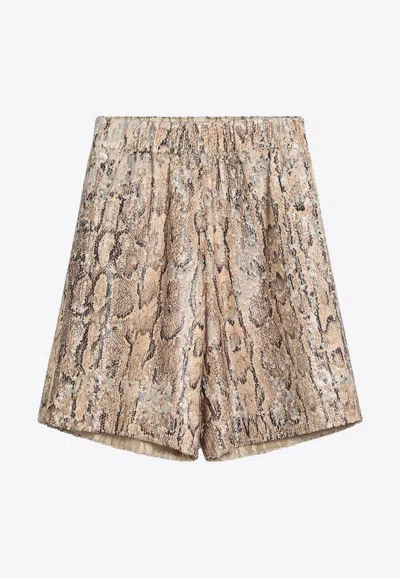 Dries Van Noten Snake Print Sequined Bermuda Shorts In Brown