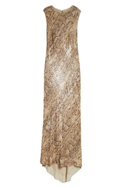 Dries Van Noten Snakeskin Effect Sequin Gown In Beige