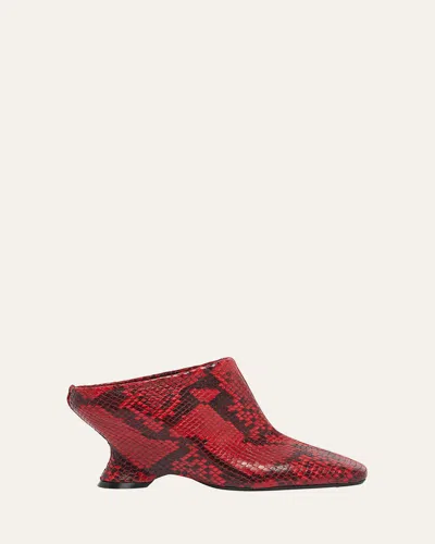 Dries Van Noten Snakeskin Printed Leather Wedge Mules In Vermillon
