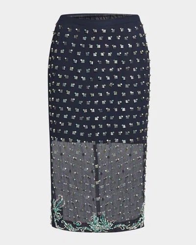 Dries Van Noten Sokna Crystal Sheer Pencil Skirt In Blue