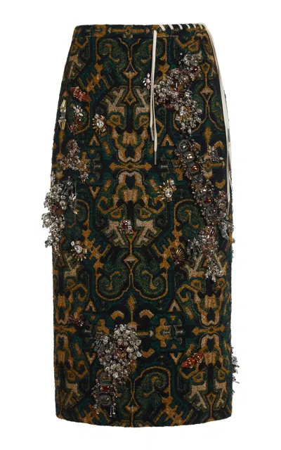Dries Van Noten Sokna Embellished Jacquard Midi Skirt In Dark Green