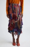 Dries Van Noten Sokna Tassel Trim Cloqué, Fringe & Tweed Midi Skirt In Burgundy