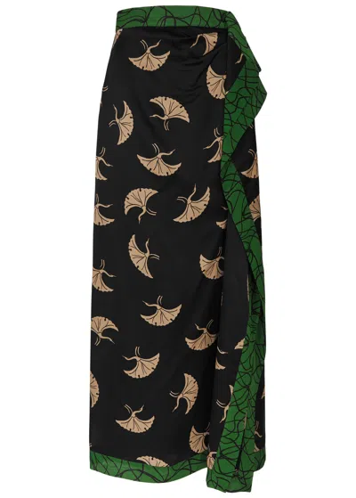 Dries Van Noten Printed Wrap-effect Silk-blend Charmeuse Maxi Skirt In Black  