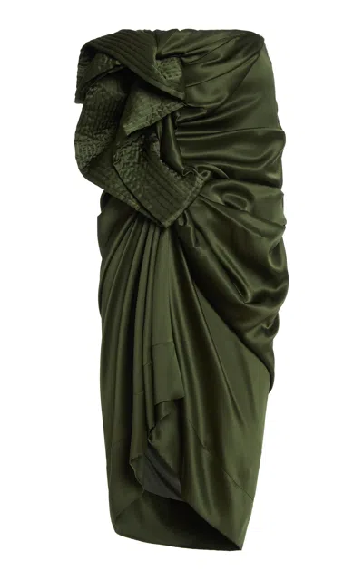 Dries Van Noten Solla Draped Stretch Silk-satin Midi Skirt In Khaki
