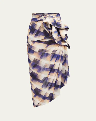 Dries Van Noten Solla Geometric Check Draped Skirt In Blue
