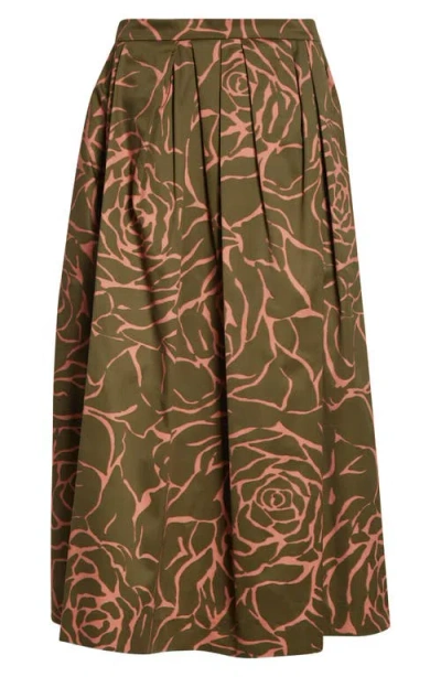 Dries Van Noten Soni Giant Couture Rose Print Pleated Cotton Poplin A-line Midi Skirt In Brown