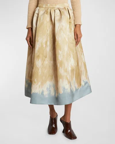 Dries Van Noten Pleated Printed Matte-satin Midi Skirt In Beige